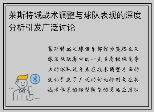 莱斯特城战术调整与球队表现的深度分析引发广泛讨论